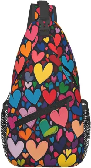 Colorful Hearts Crossbody Sling Bag For Women Men Adjustable Valentines Day Chest Bag Shoulder Bag Sling Backpack Daypack For Sport Travel Hiking