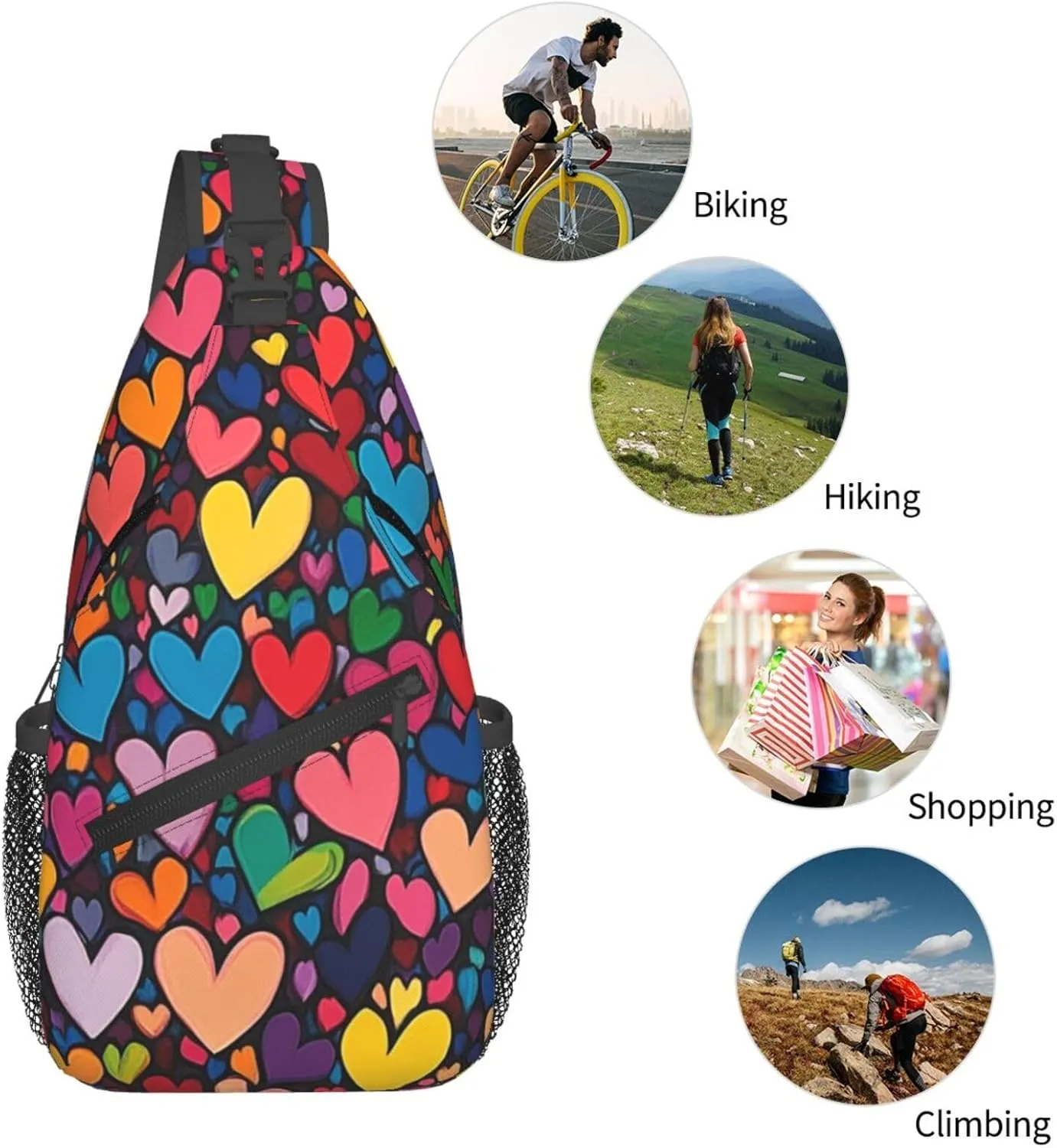 Colorful Hearts Crossbody Sling Bag For Women Men Adjustable Valentines Day Chest Bag Shoulder Bag Sling Backpack Daypack For Sport Travel Hiking