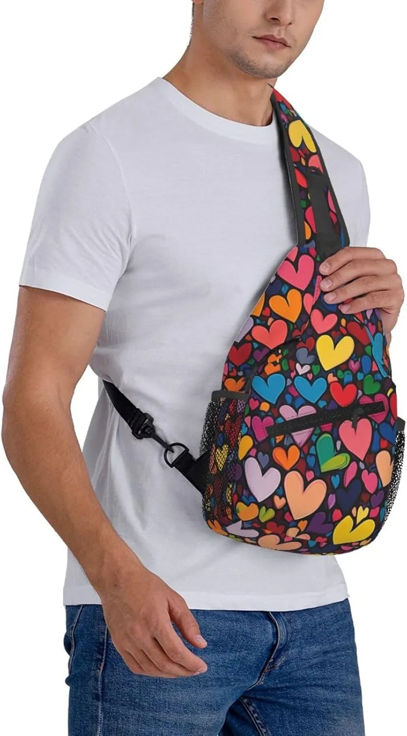 Colorful Hearts Crossbody Sling Bag For Women Men Adjustable Valentines Day Chest Bag Shoulder Bag Sling Backpack Daypack For Sport Travel Hiking
