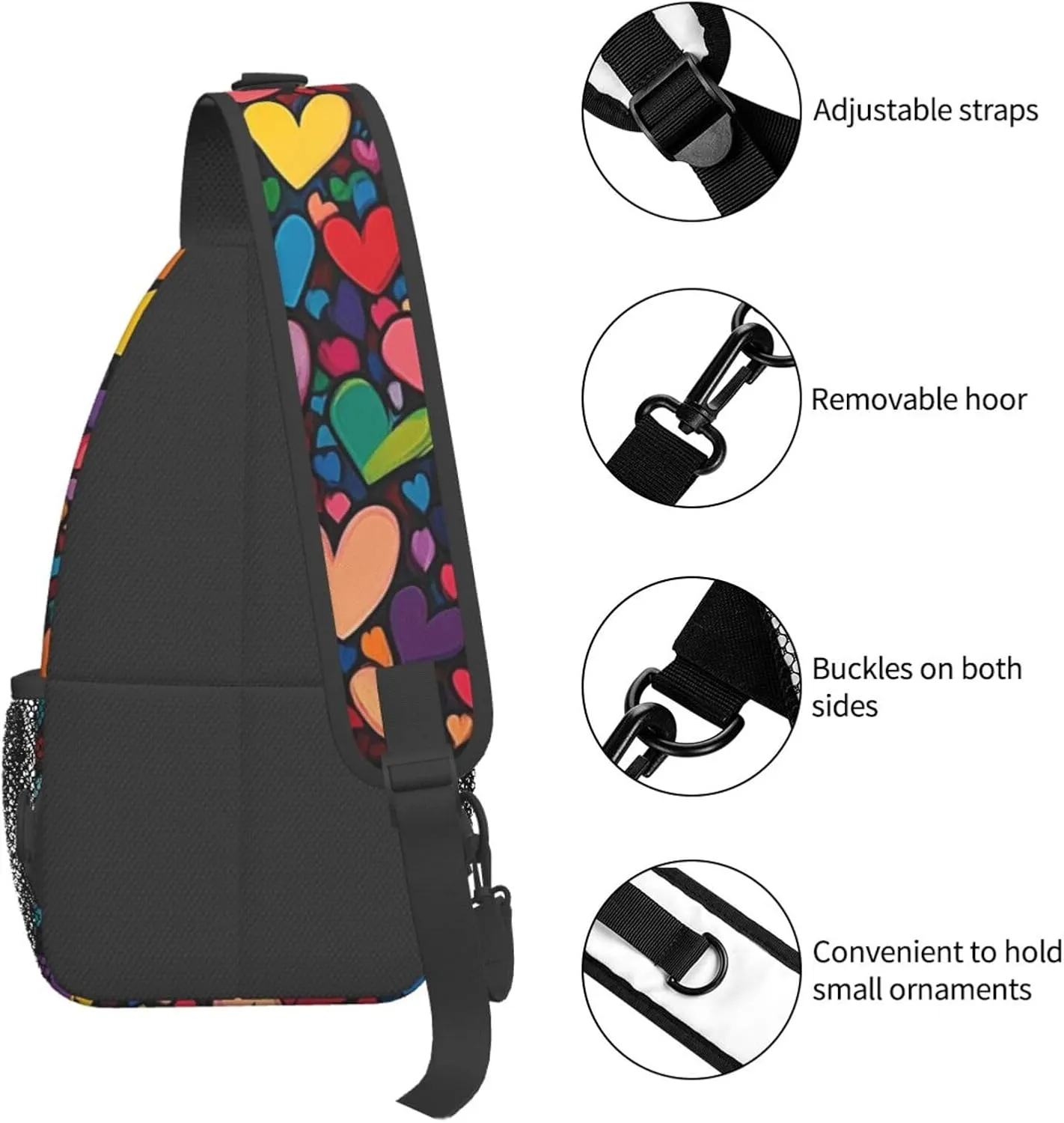 Colorful Hearts Crossbody Sling Bag For Women Men Adjustable Valentines Day Chest Bag Shoulder Bag Sling Backpack Daypack For Sport Travel Hiking