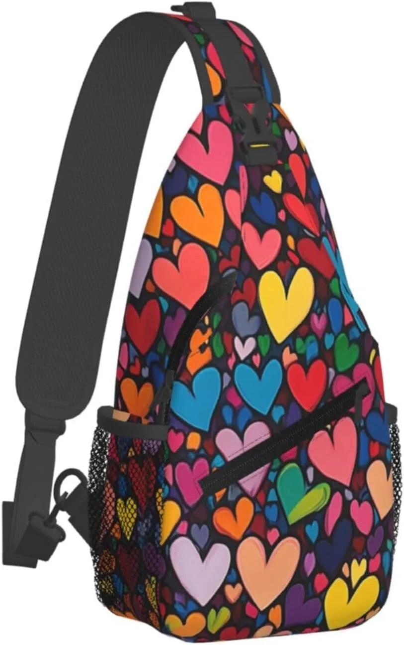 Colorful Hearts Crossbody Sling Bag For Women Men Adjustable Valentines Day Chest Bag Shoulder Bag Sling Backpack Daypack For Sport Travel Hiking