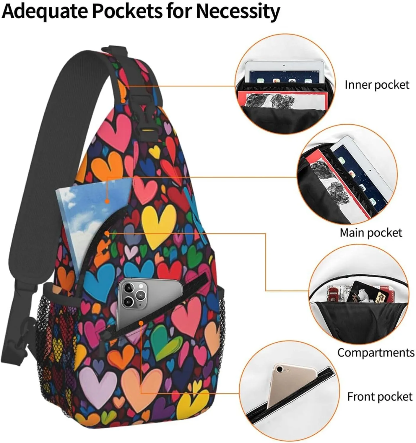 Colorful Hearts Crossbody Sling Bag For Women Men Adjustable Valentines Day Chest Bag Shoulder Bag Sling Backpack Daypack For Sport Travel Hiking
