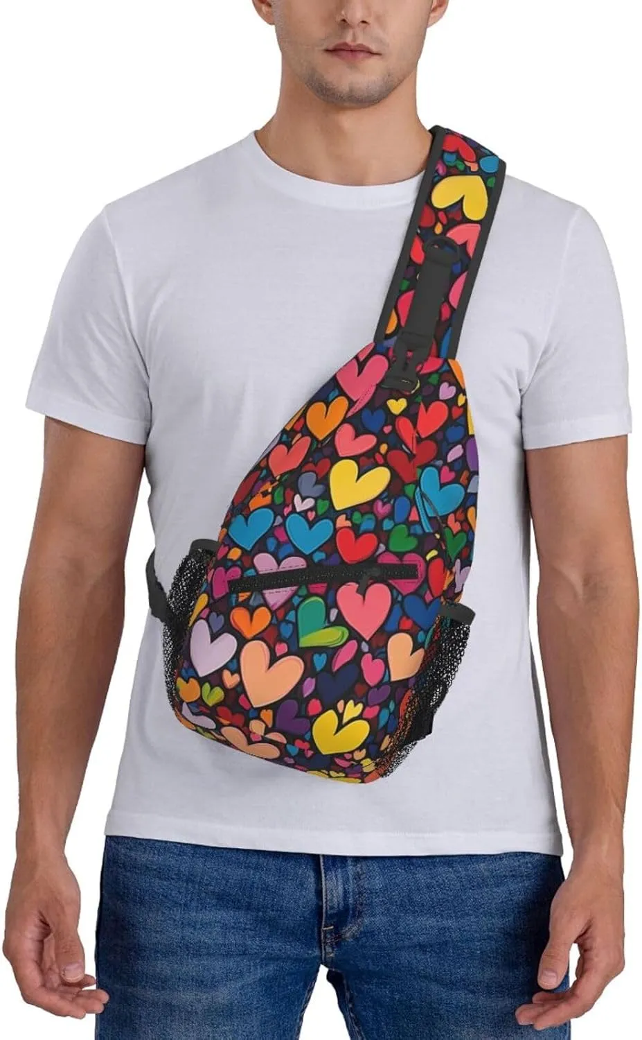 Colorful Hearts Crossbody Sling Bag For Women Men Adjustable Valentines Day Chest Bag Shoulder Bag Sling Backpack Daypack For Sport Travel Hiking