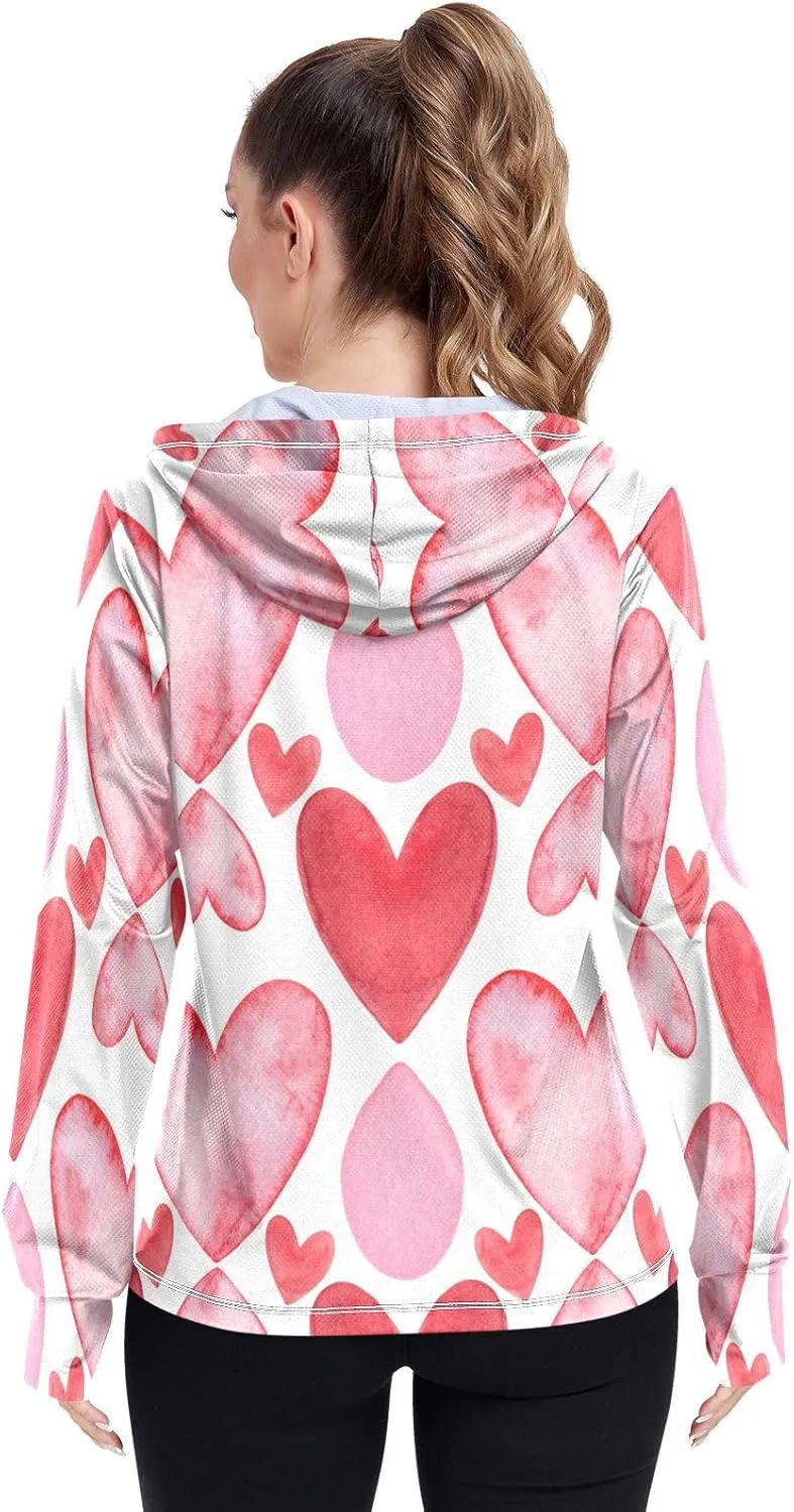 Colorful Red Heart Sun Hoodie Upf 50 , Long Sleeve Zip up Outdoor Clothing Women