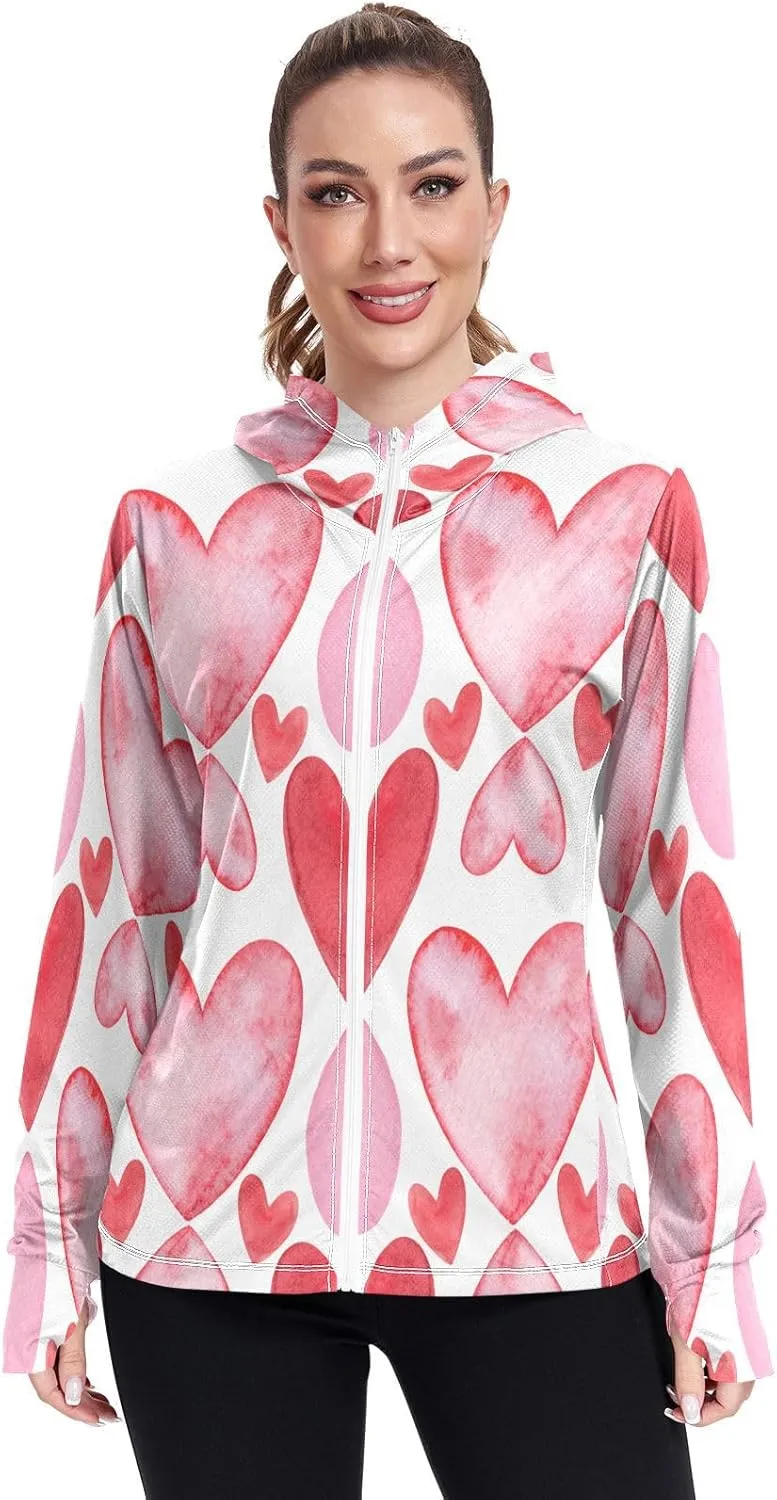 Colorful Red Heart Sun Hoodie Upf 50 , Long Sleeve Zip up Outdoor Clothing Women