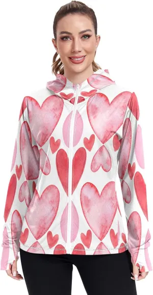 Colorful Red Heart Sun Hoodie Upf 50 , Long Sleeve Zip up Outdoor Clothing Women