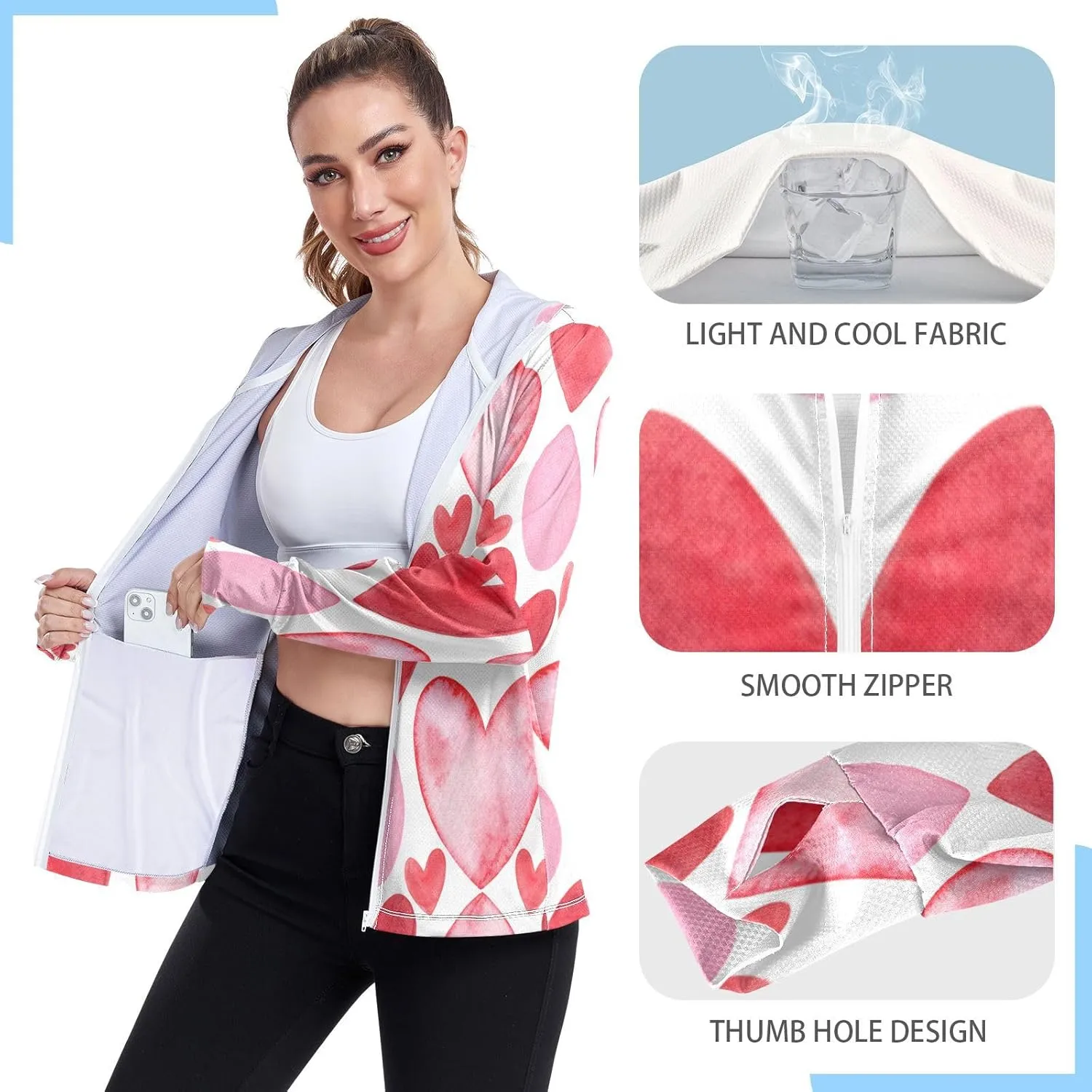 Colorful Red Heart Sun Hoodie Upf 50 , Long Sleeve Zip up Outdoor Clothing Women