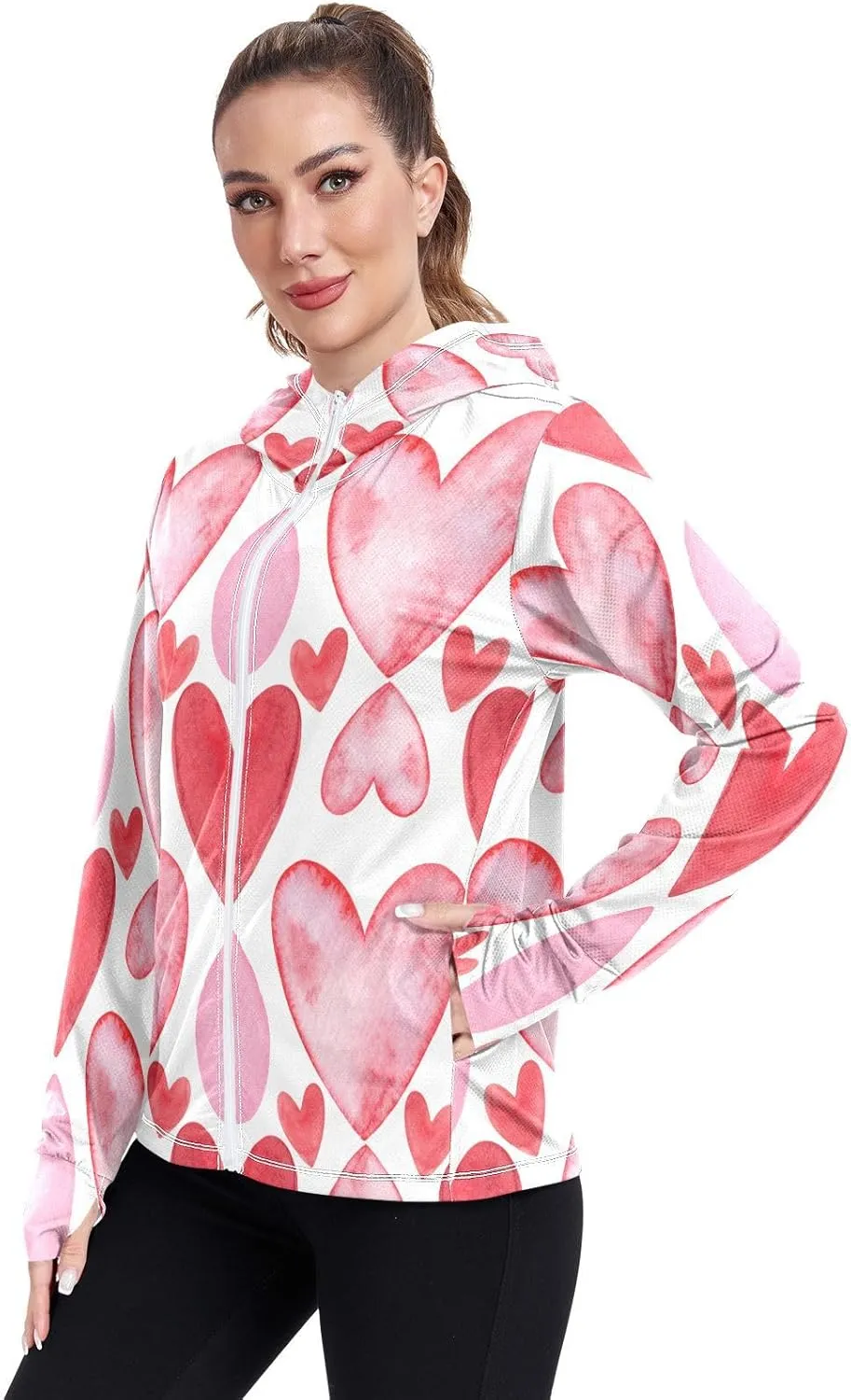 Colorful Red Heart Sun Hoodie Upf 50 , Long Sleeve Zip up Outdoor Clothing Women