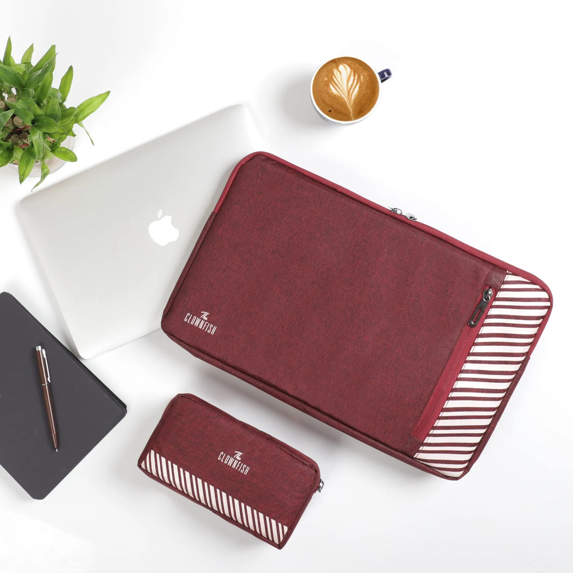 Combo: Polyester 15.6 inch Laptop Sleeve & Multipurpose Pouch | Includes Travel Kit & Pouch | Maroon