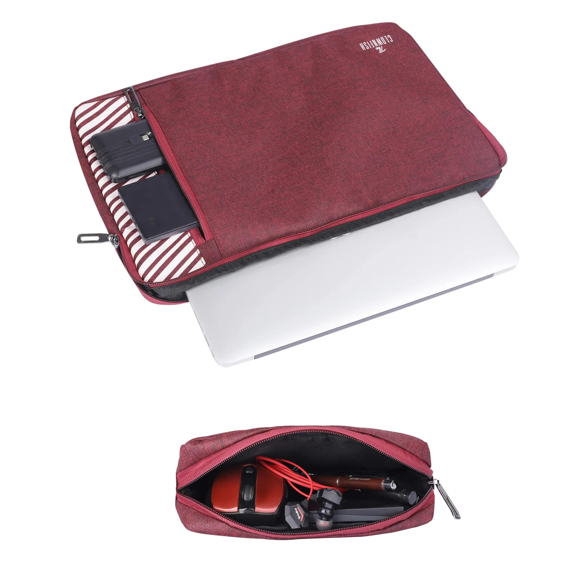 Combo: Polyester 15.6 inch Laptop Sleeve & Multipurpose Pouch | Includes Travel Kit & Pouch | Maroon