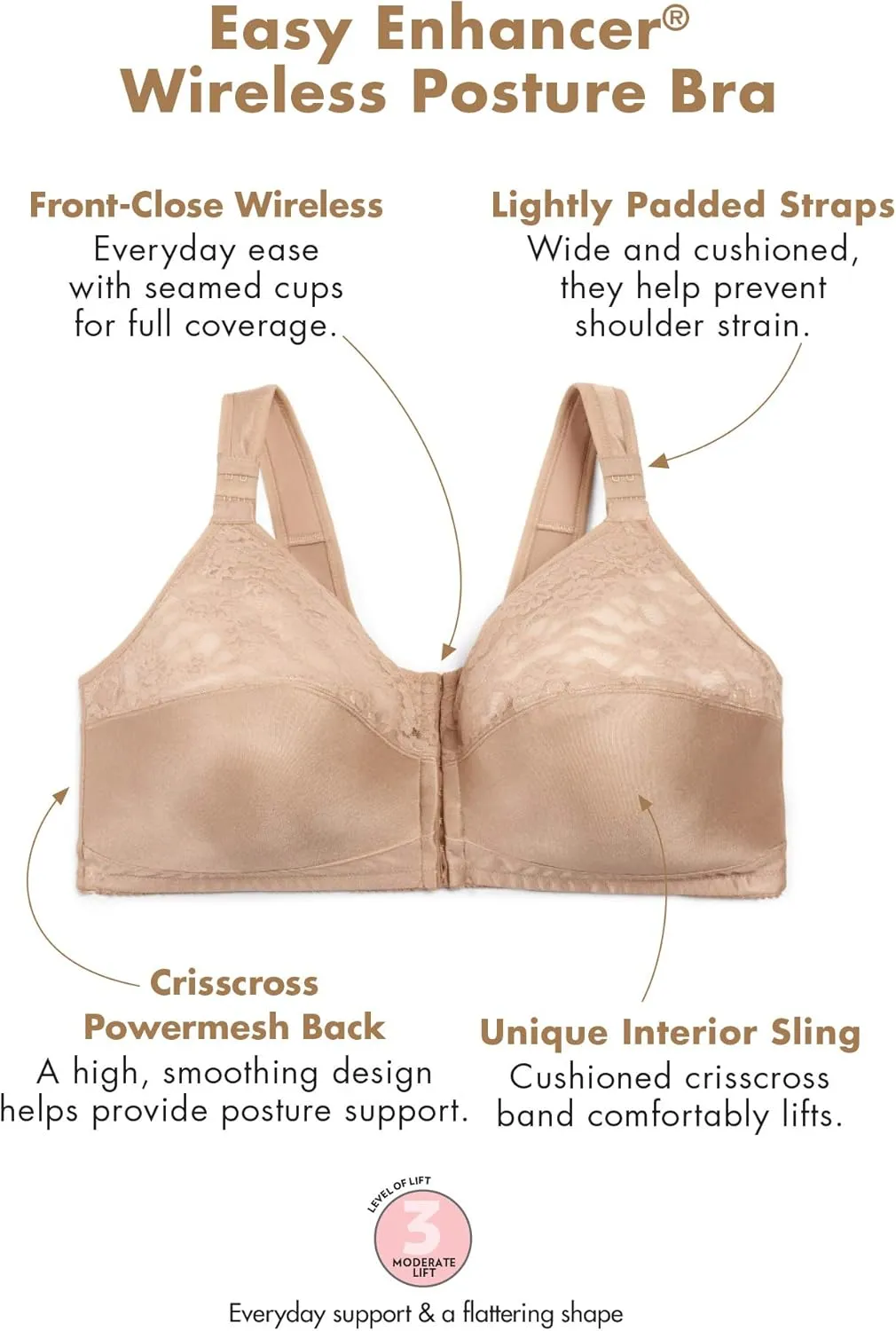 Comfort Choice Women's Plus Size Easy Enhancer Front Close Wireless Posture Bra