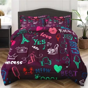 Comforter Set King Size, Love Happy Diamond Soft 3 Pcs Bedding for Kids and Adults, Paris Cute Valentine Comforter Set with 2 Pillowcases for Bedroom Bed Decor