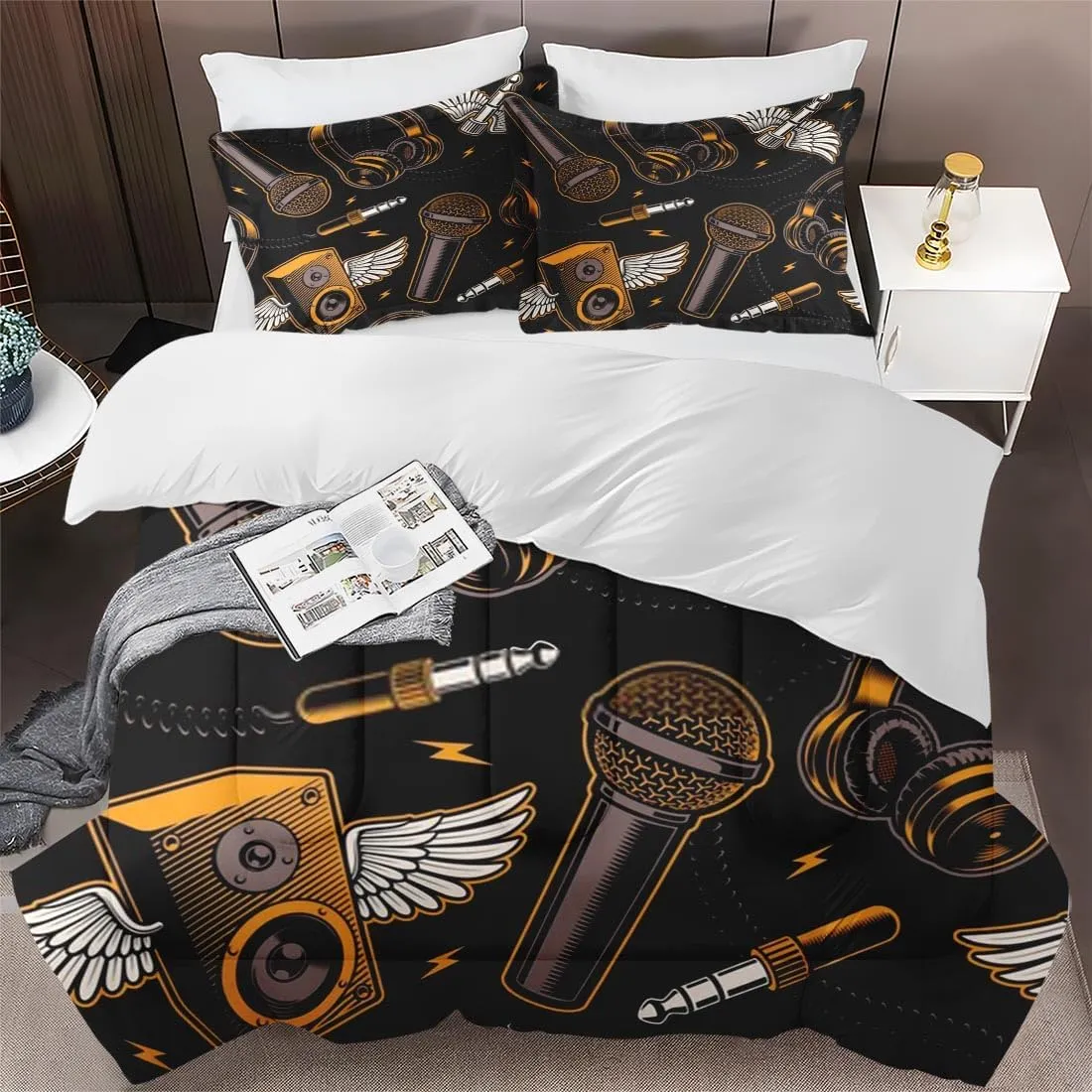 Comforter Set King Size, Musical Recording Studio 3 Pcs Bedding for Kids and Adults Bedroom Decor, Music Graffiti Guitar Bed Set and 2 Pillowcases
