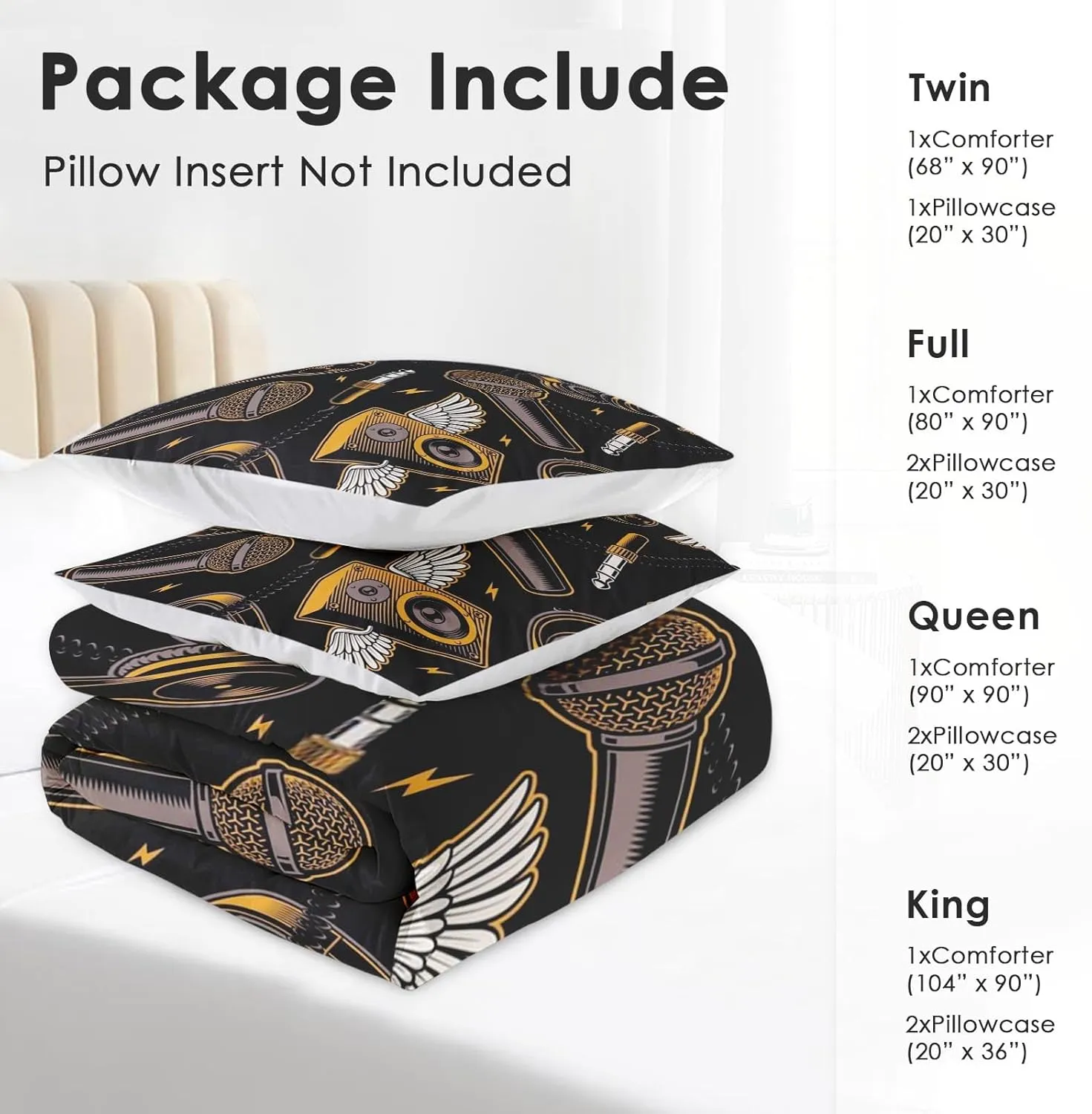 Comforter Set King Size, Musical Recording Studio 3 Pcs Bedding for Kids and Adults Bedroom Decor, Music Graffiti Guitar Bed Set and 2 Pillowcases