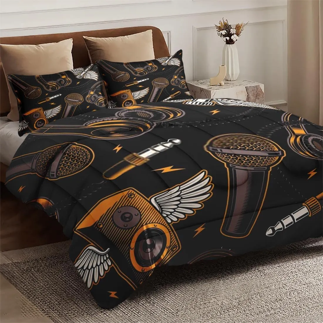 Comforter Set King Size, Musical Recording Studio 3 Pcs Bedding for Kids and Adults Bedroom Decor, Music Graffiti Guitar Bed Set and 2 Pillowcases