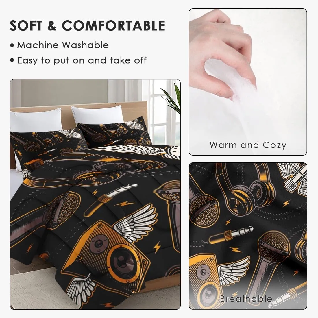 Comforter Set King Size, Musical Recording Studio 3 Pcs Bedding for Kids and Adults Bedroom Decor, Music Graffiti Guitar Bed Set and 2 Pillowcases