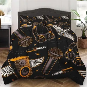 Comforter Set King Size, Musical Recording Studio 3 Pcs Bedding for Kids and Adults Bedroom Decor, Music Graffiti Guitar Bed Set and 2 Pillowcases