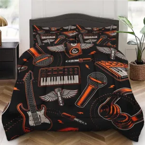 Comforter Set King Size, Musical Recording Studio 3 Pcs Bedding for Kids and Adults Bedroom Decor, Music Graffiti Guitar Bed Set and 2 Pillowcases