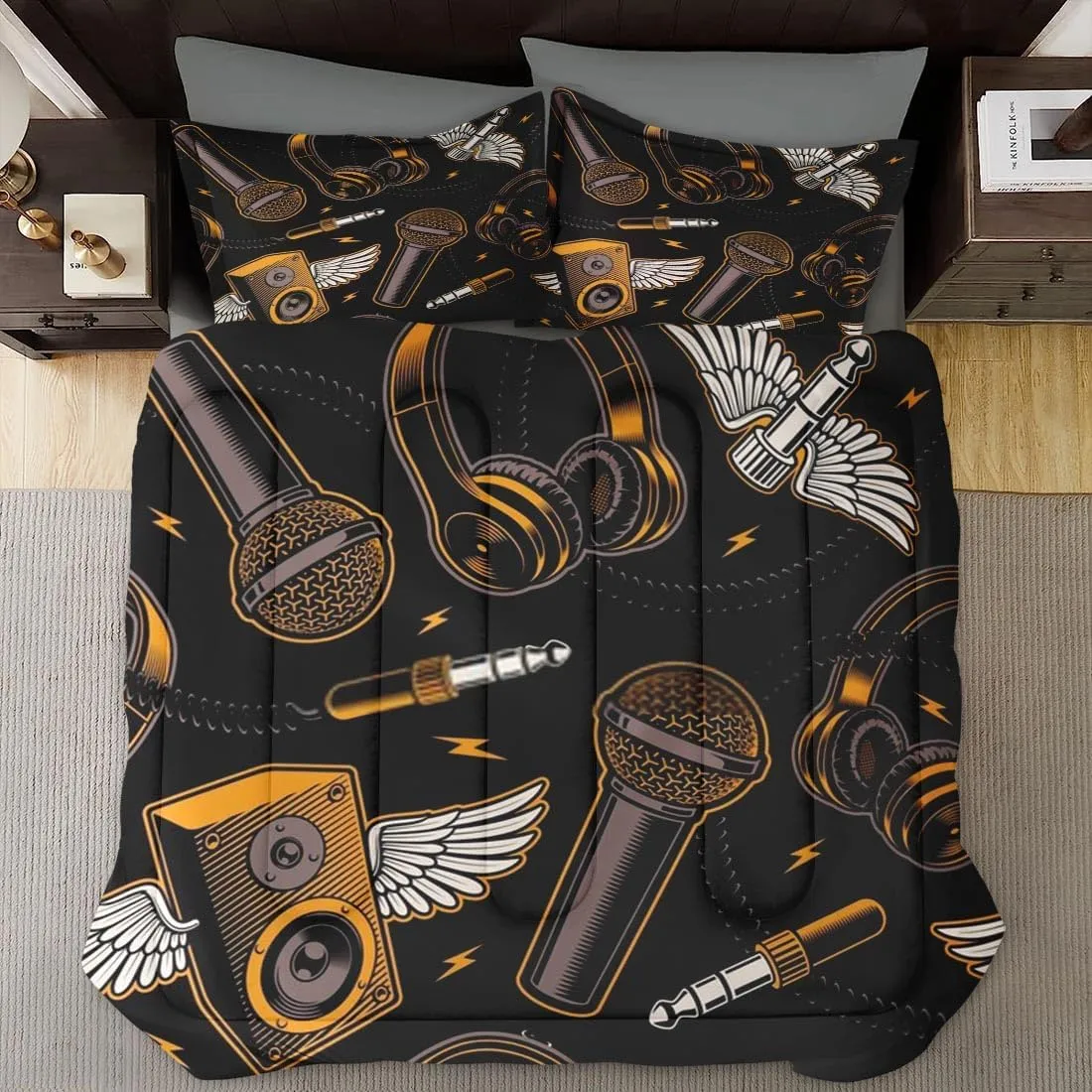 Comforter Set King Size, Musical Recording Studio 3 Pcs Bedding for Kids and Adults Bedroom Decor, Music Graffiti Guitar Bed Set and 2 Pillowcases
