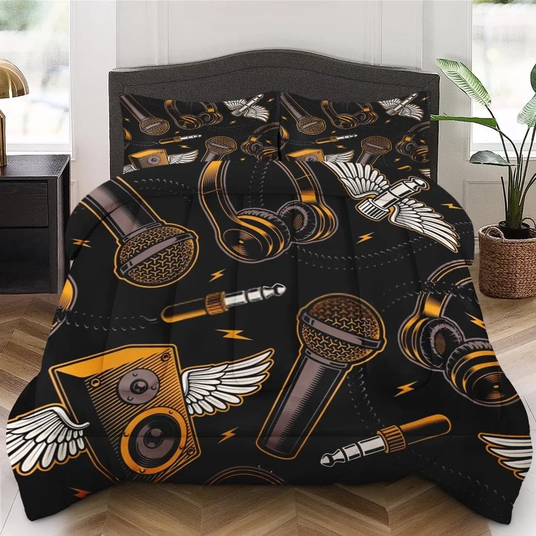Comforter Set King Size, Musical Recording Studio 3 Pcs Bedding for Kids and Adults Bedroom Decor, Music Graffiti Guitar Bed Set and 2 Pillowcases