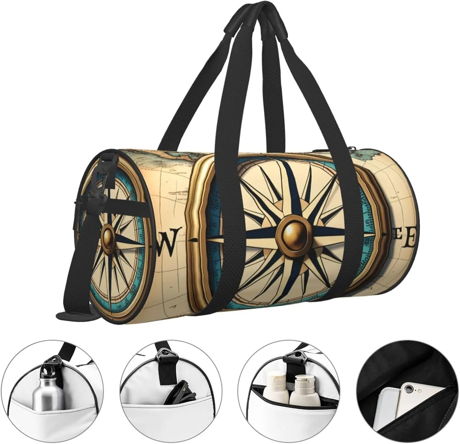 Compass Map Nautical Printed Travel Bag,Round Personal Item Storage bag,Foldie Duffel Bag for Traveling Vacation,Fitness,Sports