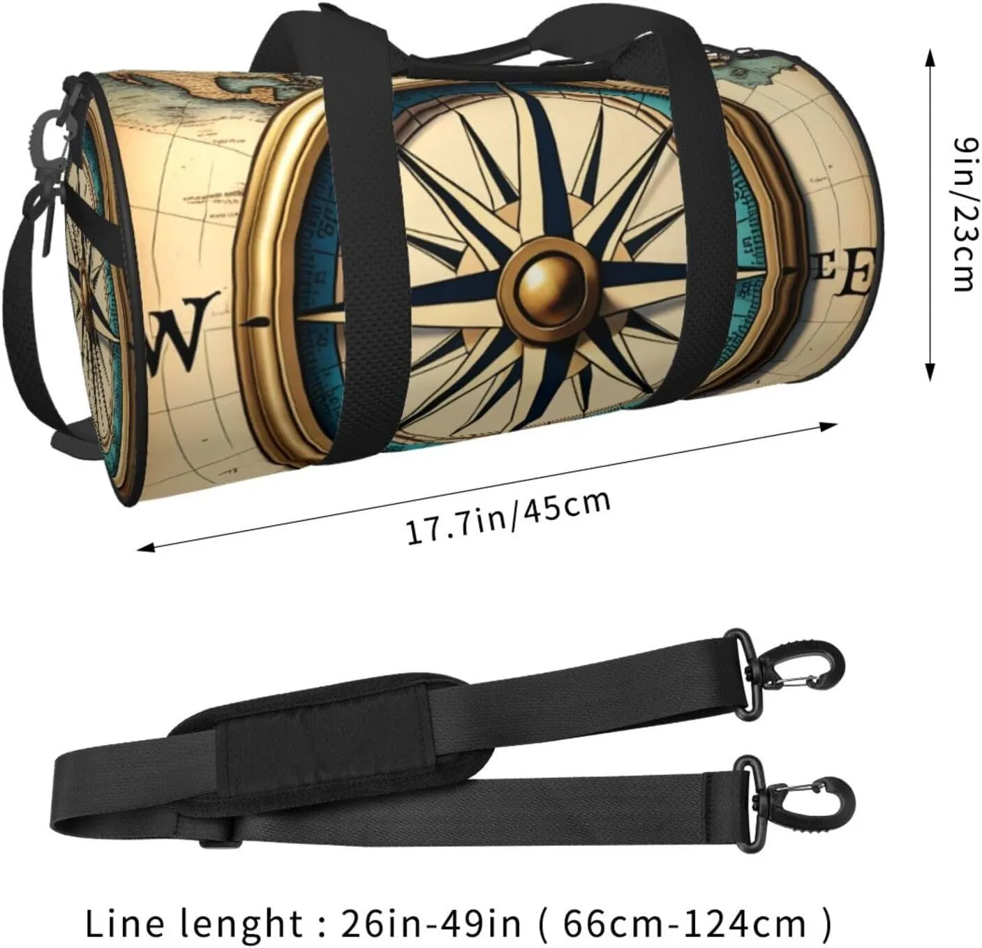 Compass Map Nautical Printed Travel Bag,Round Personal Item Storage bag,Foldie Duffel Bag for Traveling Vacation,Fitness,Sports