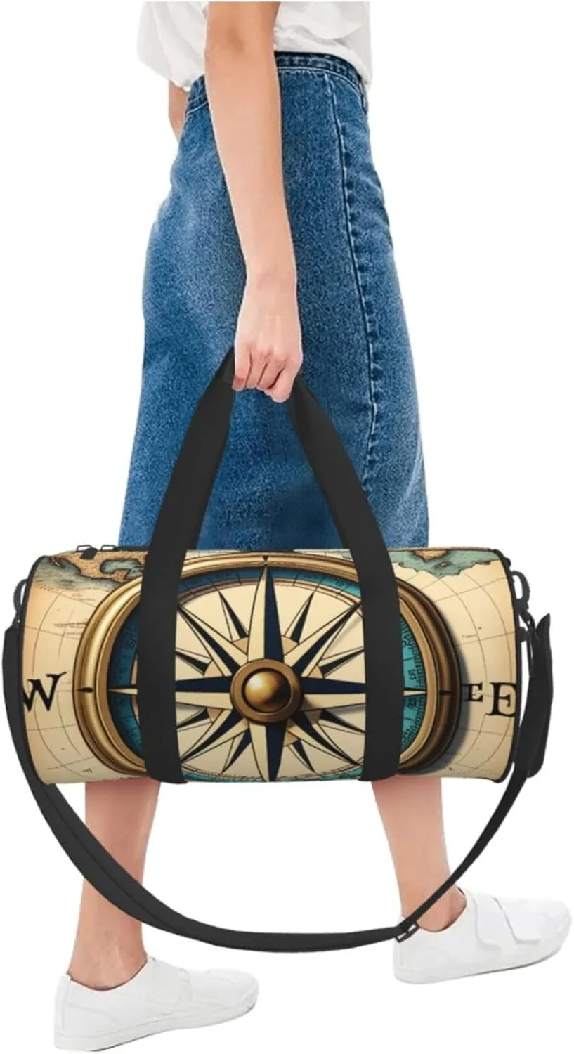 Compass Map Nautical Printed Travel Bag,Round Personal Item Storage bag,Foldie Duffel Bag for Traveling Vacation,Fitness,Sports