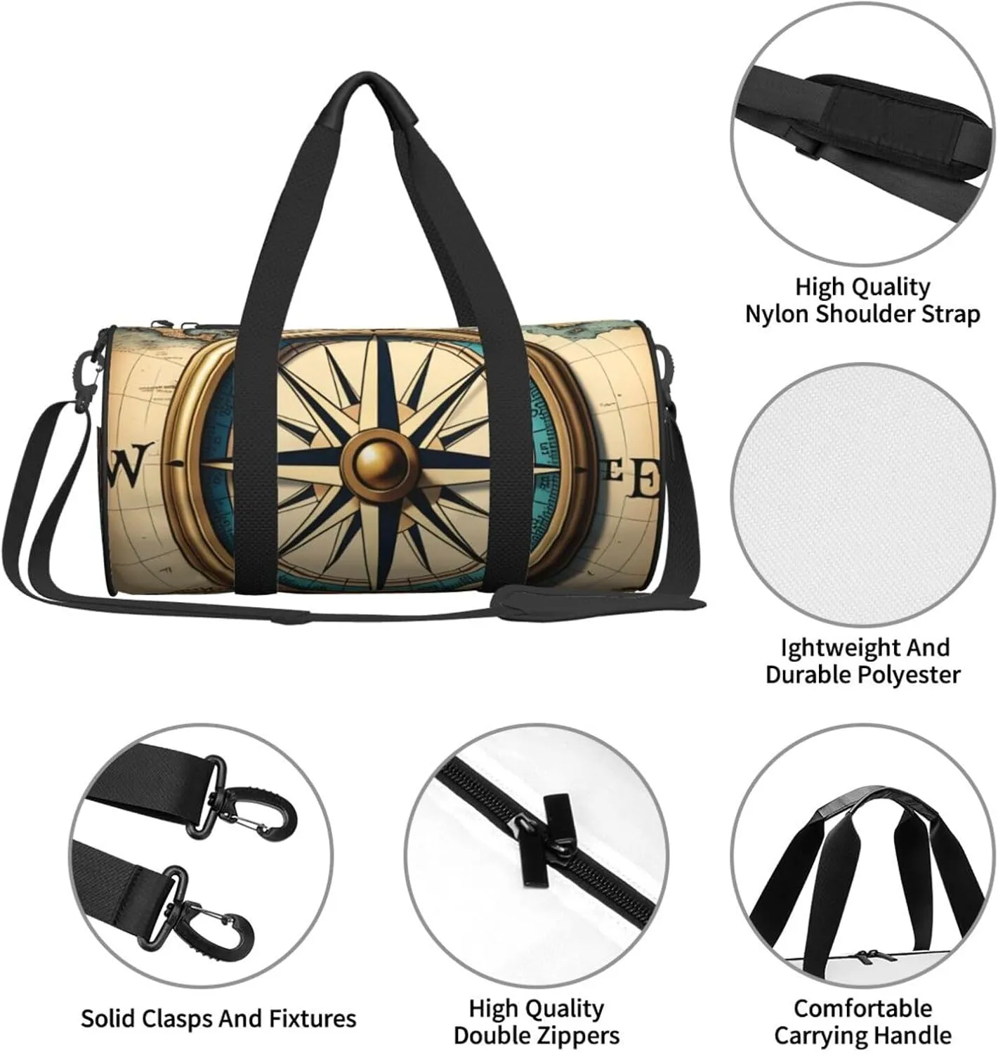 Compass Map Nautical Printed Travel Bag,Round Personal Item Storage bag,Foldie Duffel Bag for Traveling Vacation,Fitness,Sports