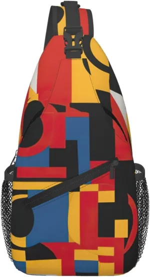 Composition In Red Yellow Blue And Black Men'S Casual Chest Crossbody Bag, Lightweight Durable Shoulder Sling Pack For Daily Use, Travel, And Outdoor.