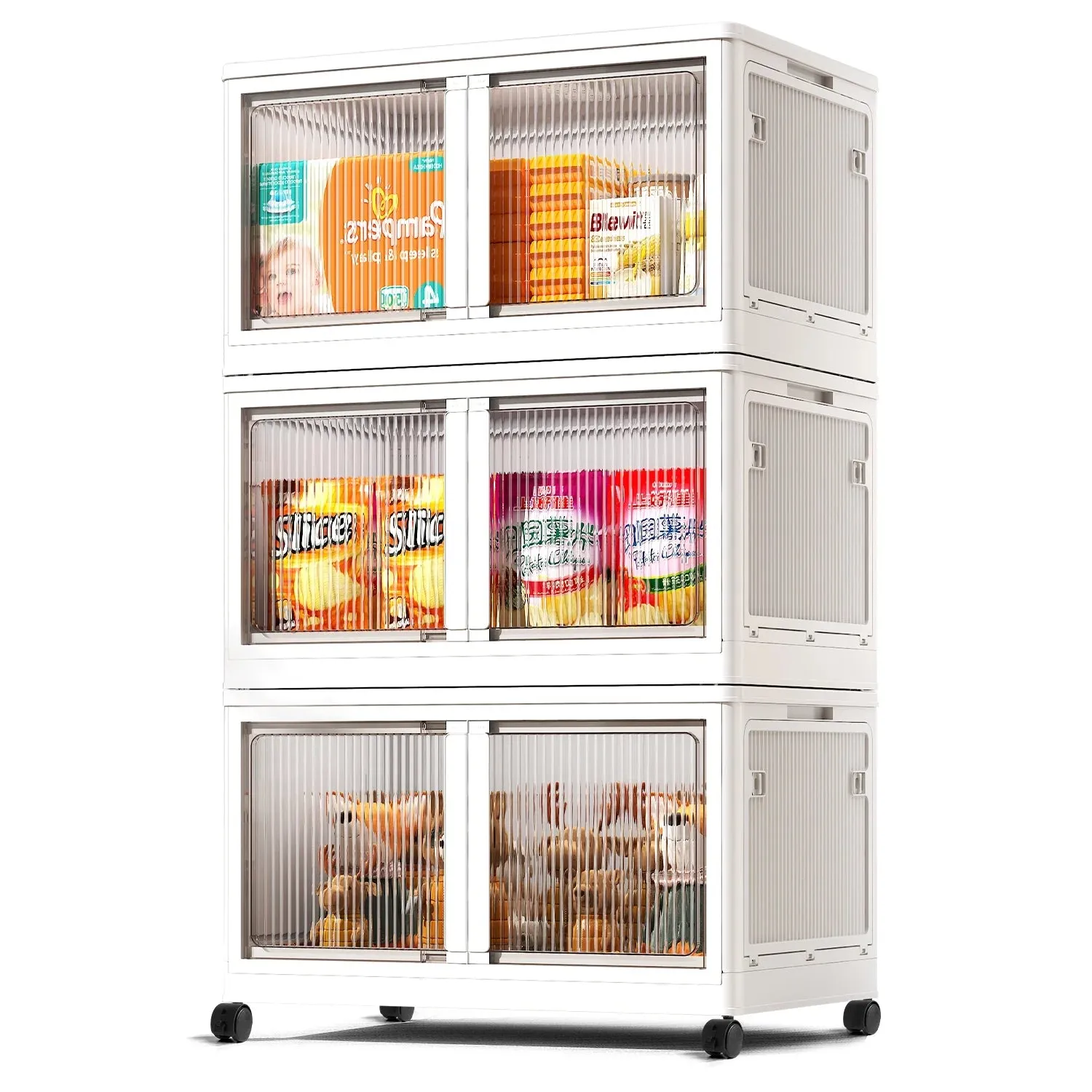 COOKCOK Storage Bins with Lids, Foldable Plastic Storage Container with Door, 3 Pack Stackable Collapsible Storage Bins for Closet Organizers and Storage, Secure Lock, 23.6"x 16.5"x 39.6"