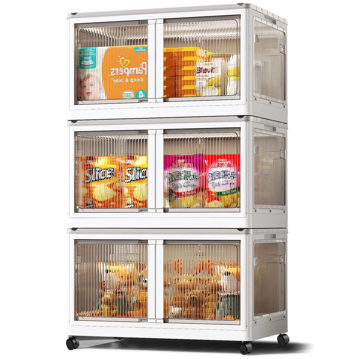 COOKCOK Storage Bins with Lids, Foldable Plastic Storage Container with Door, 3 Pack Stackable Collapsible Storage Bins for Closet Organizers and Storage, Secure Lock, 23.6"x 16.5"x 39.6"