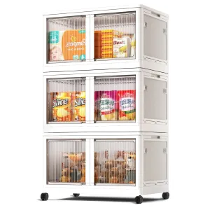 COOKCOK Storage Bins with Lids, Foldable Plastic Storage Container with Door, 3 Pack Stackable Collapsible Storage Bins for Closet Organizers and Storage, Secure Lock, 23.6"x 16.5"x 39.6"