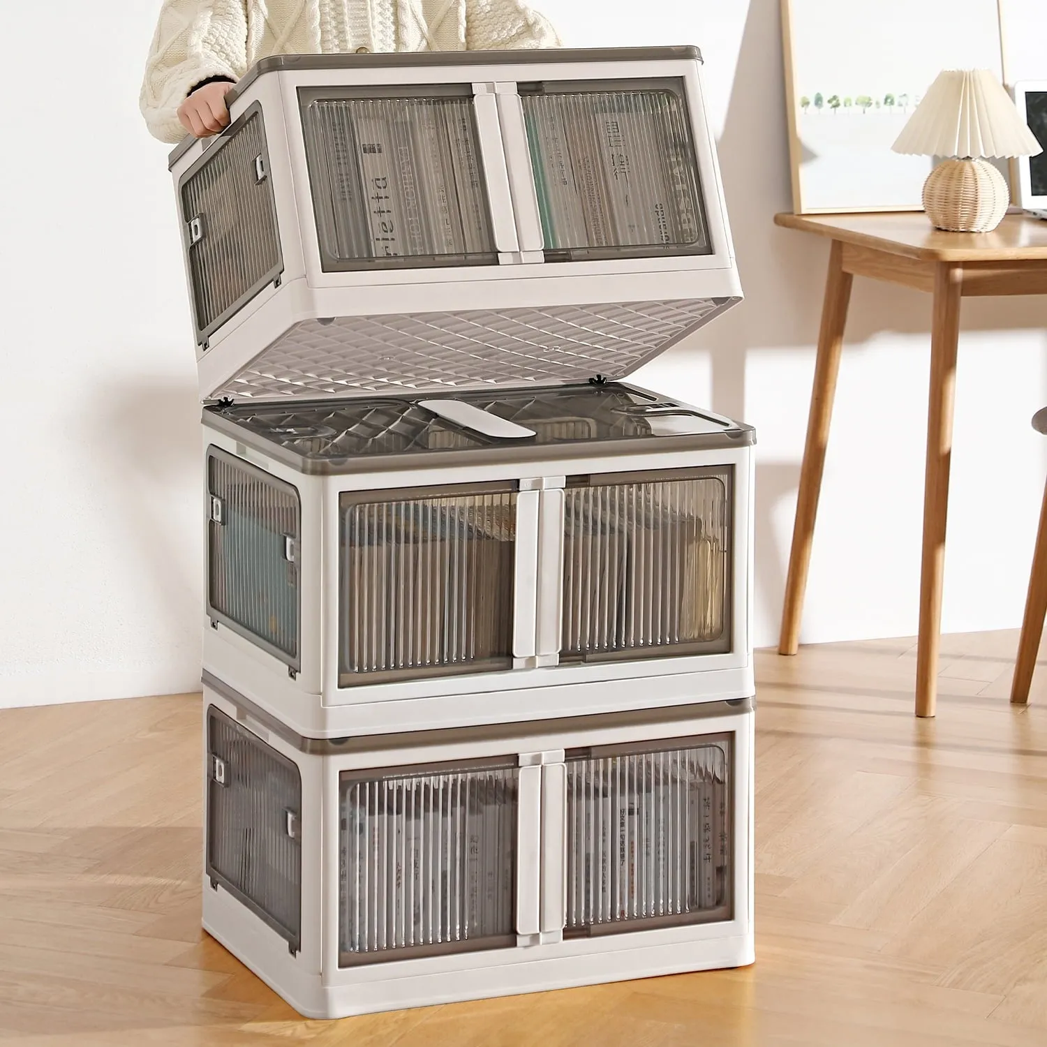 COOKCOK Storage Bins with Lids, Foldable Plastic Storage Container with Door, 3 Pack Stackable Collapsible Storage Bins for Closet Organizers and Storage, Secure Lock, 23.6"x 16.5"x 39.6"