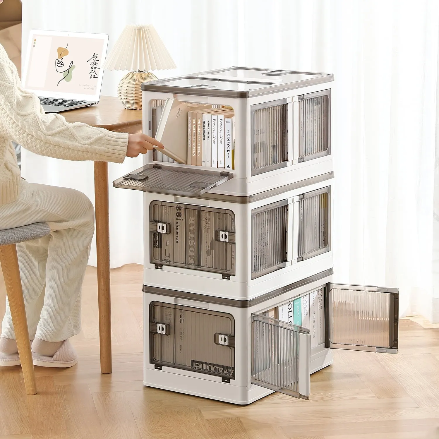 COOKCOK Storage Bins with Lids, Foldable Plastic Storage Container with Door, 3 Pack Stackable Collapsible Storage Bins for Closet Organizers and Storage, Secure Lock, 23.6"x 16.5"x 39.6"