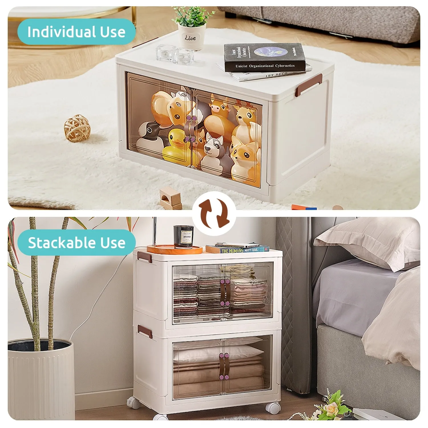 COOKCOK Storage Bins with Lids,3 Packs Stackable Bins with Wheels, Dual Open Collapsible Storage Bins for Home and Office, 17.7"x 11.8"x 29.5"