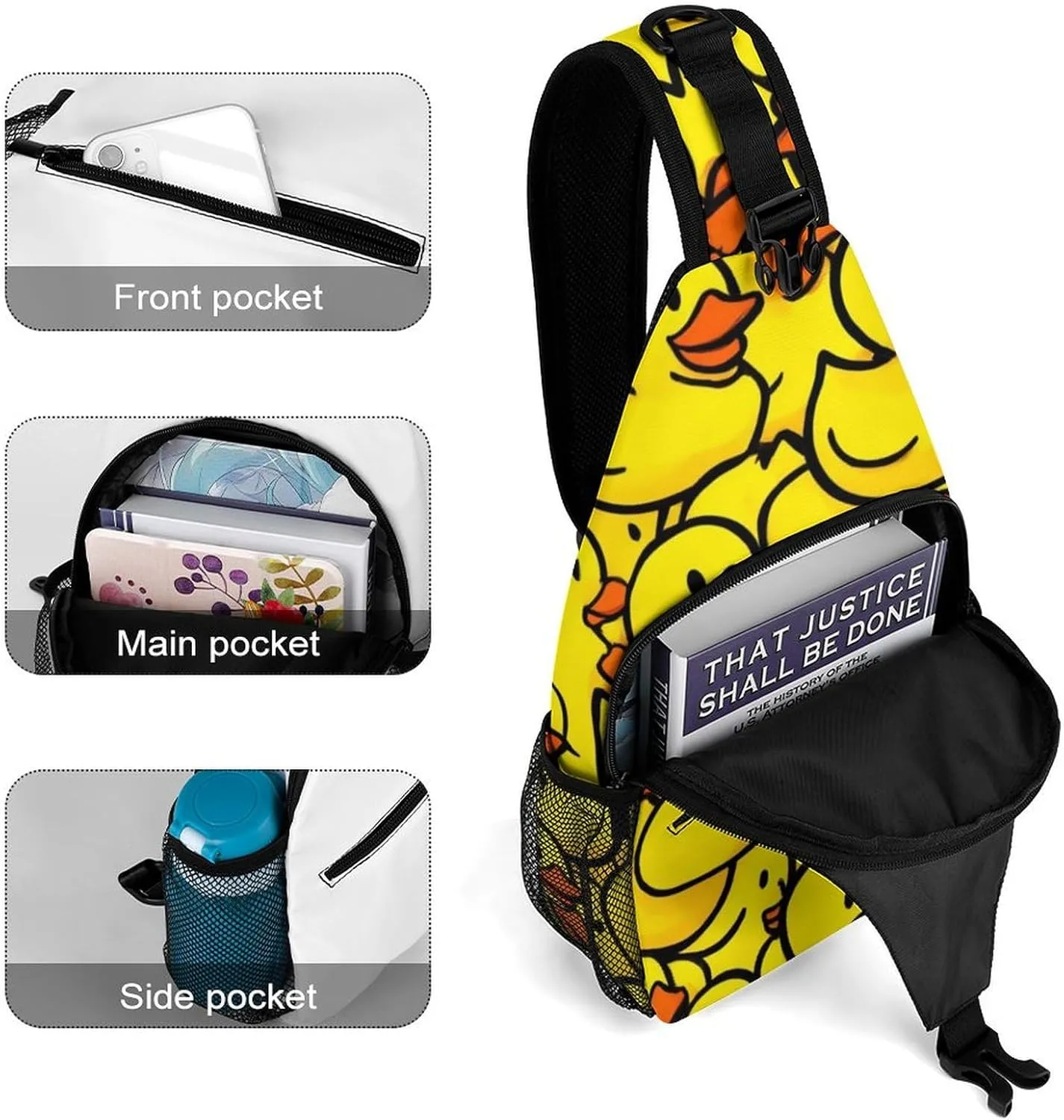 Cool Chest Bag for Men Women, Adjustable Cute Yellow Rubber Duck Crossbody Backpack Unisex Shoulder Bags Sling Bag with Multi-pockets and Buckles for Travel