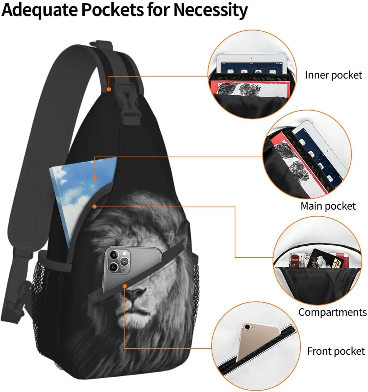 Cool Lion Crossbody Bag Lion Shoulder Bag Backpack Men Sling Bag Cool Animal Chest Casual Daypack Bag