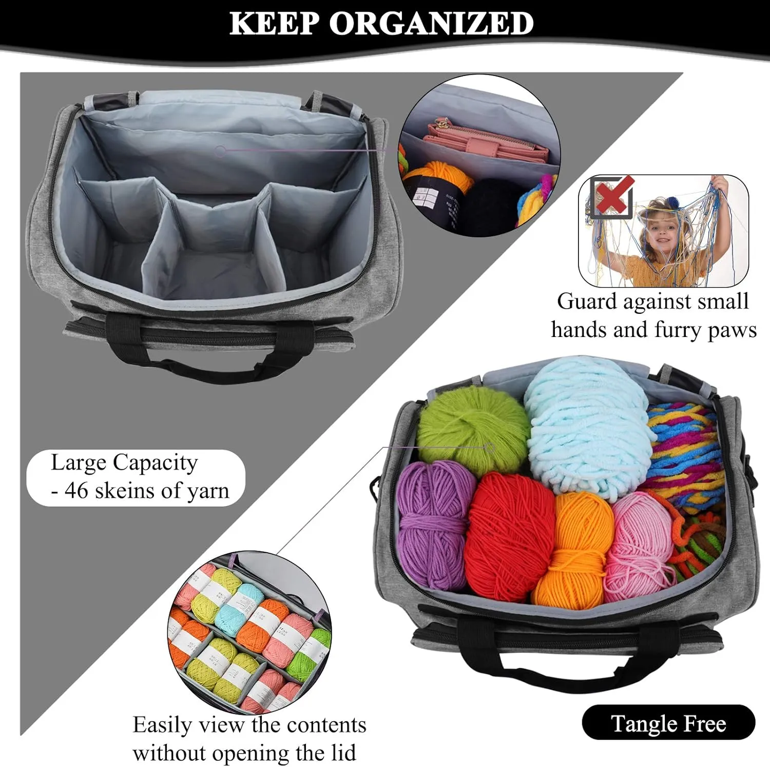 Coopay Giant Knitting Tote Bag, Travel Knitting Bag Yarn Storage Bag with Removable Inner Divider for Knitting Needles, Yarn, Crochet Supplies and Knitting Needles Accessories