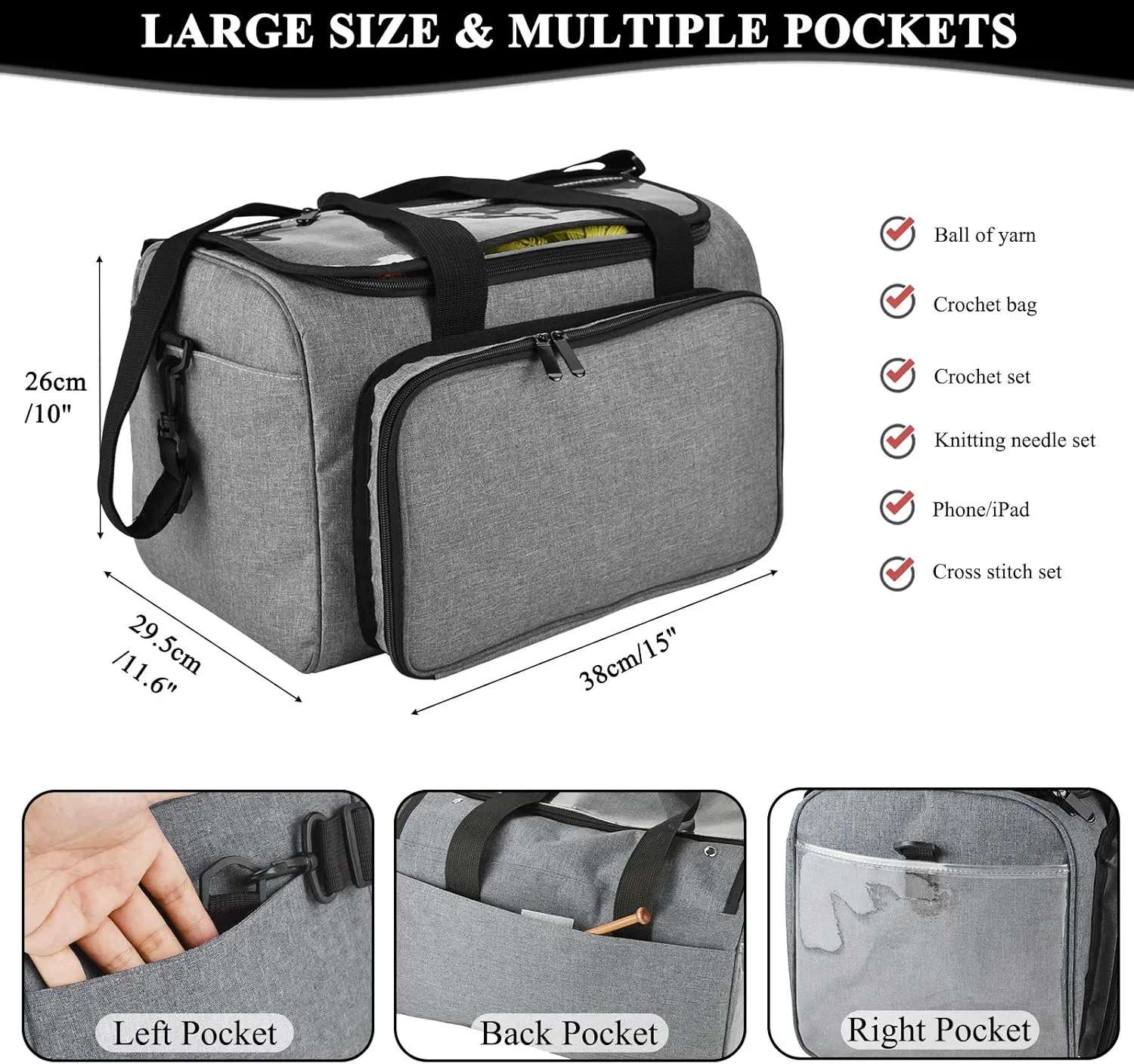 Coopay Giant Knitting Tote Bag, Travel Knitting Bag Yarn Storage Bag with Removable Inner Divider for Knitting Needles, Yarn, Crochet Supplies and Knitting Needles Accessories