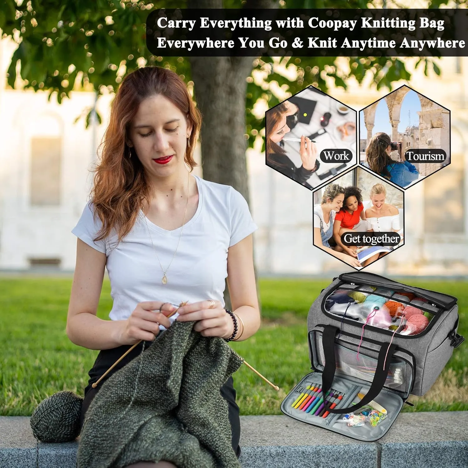 Coopay Giant Knitting Tote Bag, Travel Knitting Bag Yarn Storage Bag with Removable Inner Divider for Knitting Needles, Yarn, Crochet Supplies and Knitting Needles Accessories
