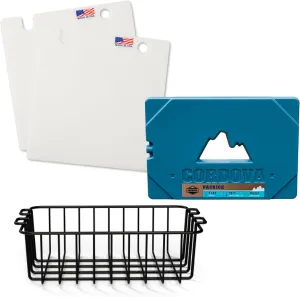Cordova Outdoors Packice, Yonder, 2 lb, Basecamp Class Wire Basket, Black, 128 qt and Basecamp Class Hard-Cooler Inserts - Cooler Cutting-Board Insert, White, 128 qt - Bundle