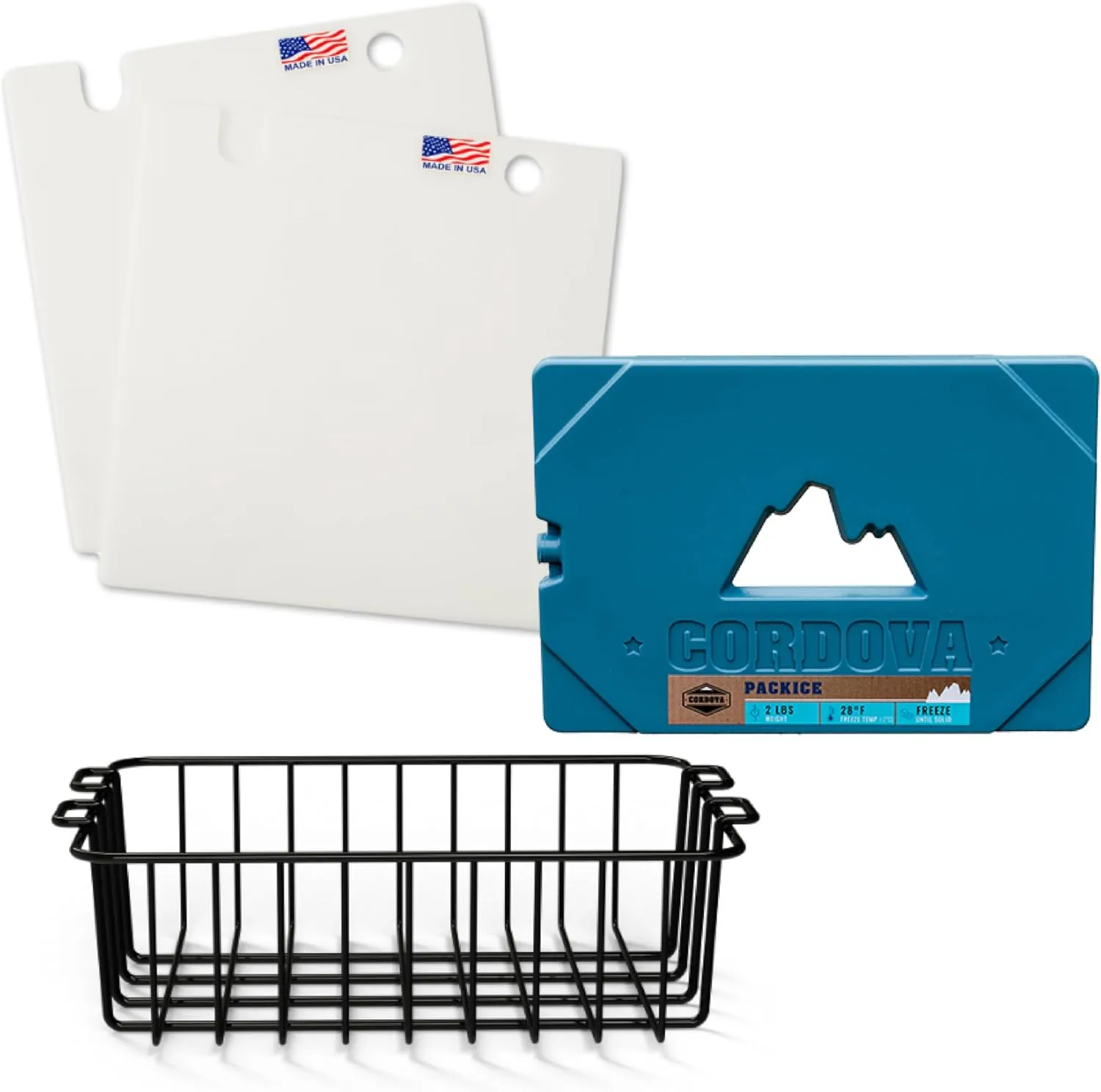 Cordova Outdoors Packice, Yonder, 2 lb, Basecamp Class Wire Basket, Black, 128 qt and Basecamp Class Hard-Cooler Inserts - Cooler Cutting-Board Insert, White, 128 qt - Bundle