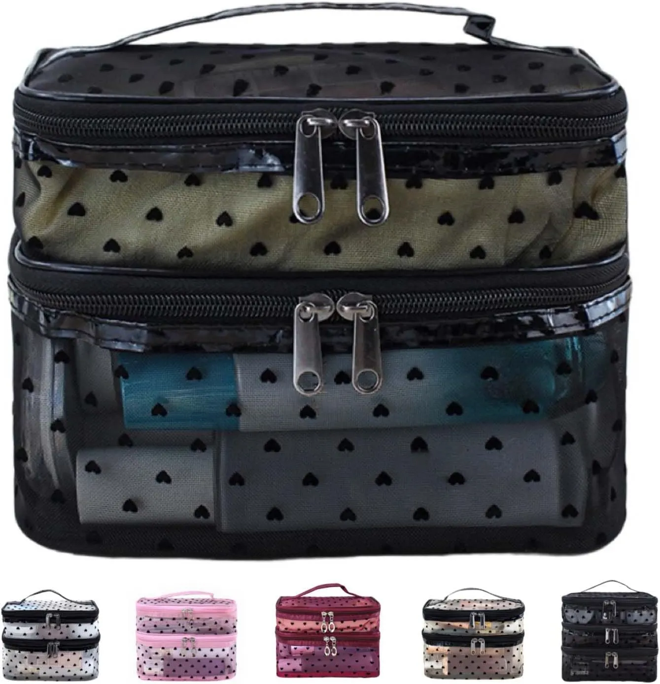 Cosmetic Bag Travel Makeup Bag Mesh Double Layer Large Makeup Pouch Travel Accessories Essentials Toiletry Bag for Women Makeup Travel Organizer (double-layer black)