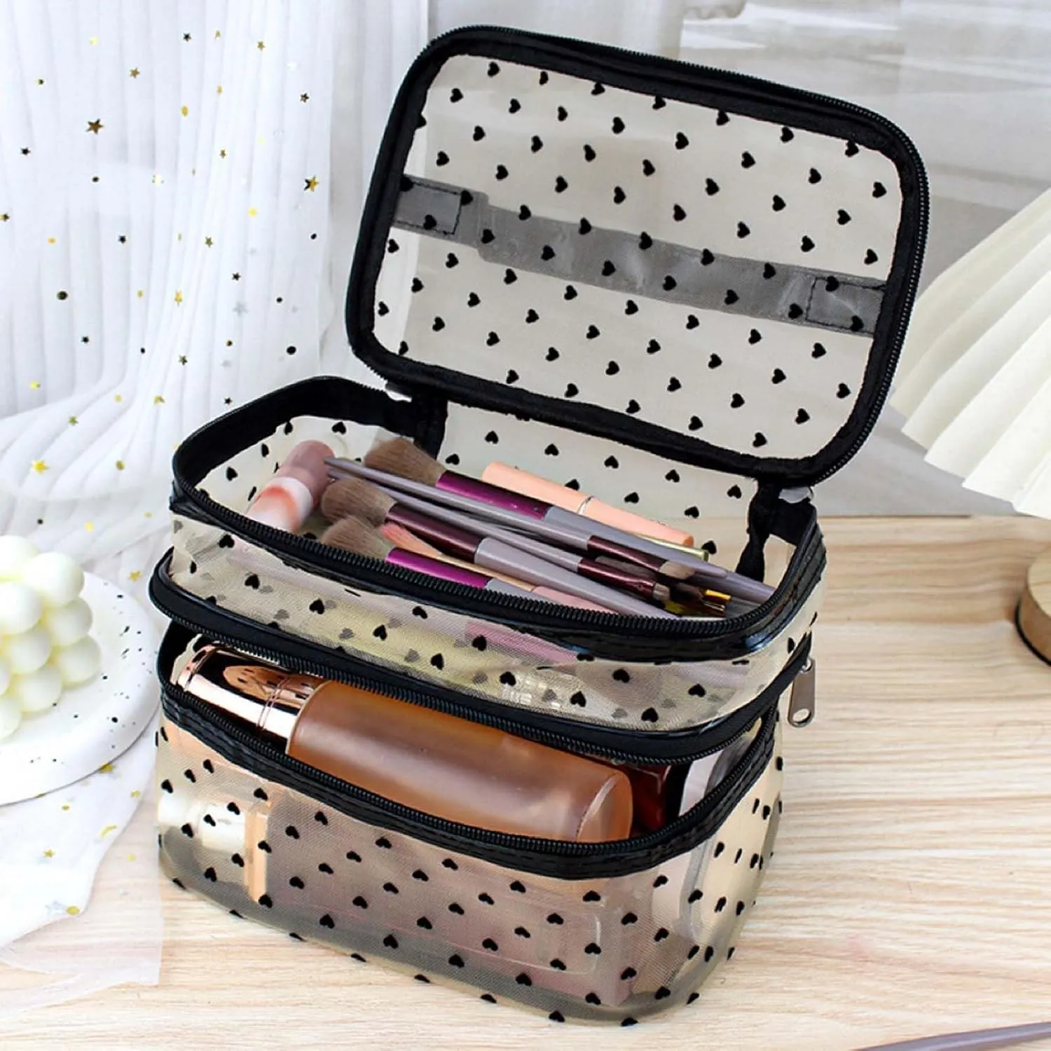 Cosmetic Bag Travel Makeup Bag Mesh Double Layer Large Makeup Pouch Travel Accessories Essentials Toiletry Bag for Women Makeup Travel Organizer (double-layer gold)