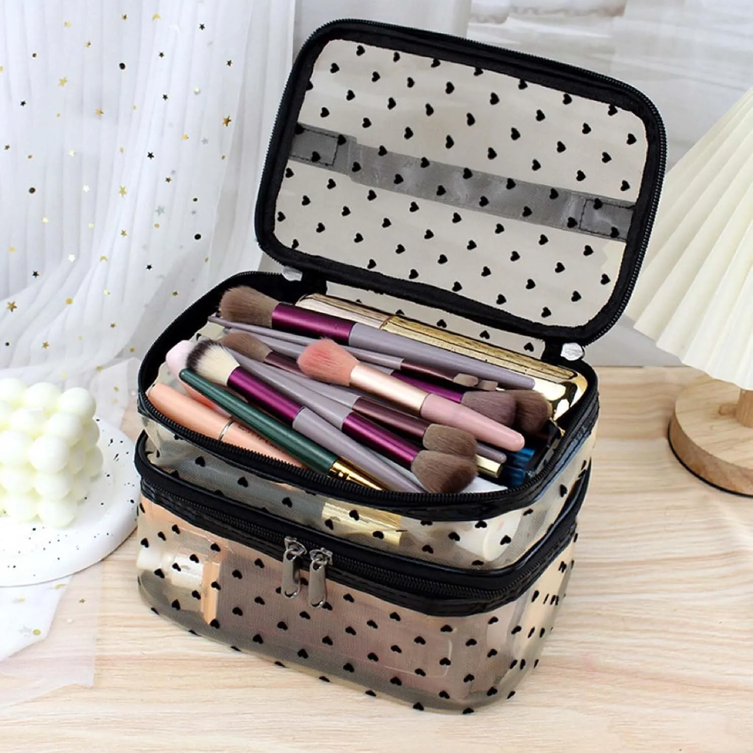 Cosmetic Bag Travel Makeup Bag Mesh Double Layer Large Makeup Pouch Travel Accessories Essentials Toiletry Bag for Women Makeup Travel Organizer (double-layer gold)