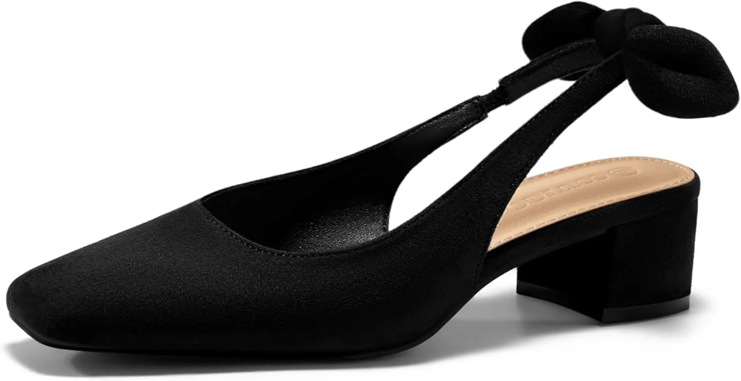 Coutgo Womens Chunky Low Heels Bow Slingback Pumps Closed Square Toe Wedding Party Dress Shoes
