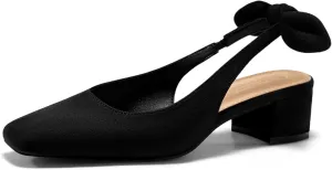 Coutgo Womens Chunky Low Heels Bow Slingback Pumps Closed Square Toe Wedding Party Dress Shoes