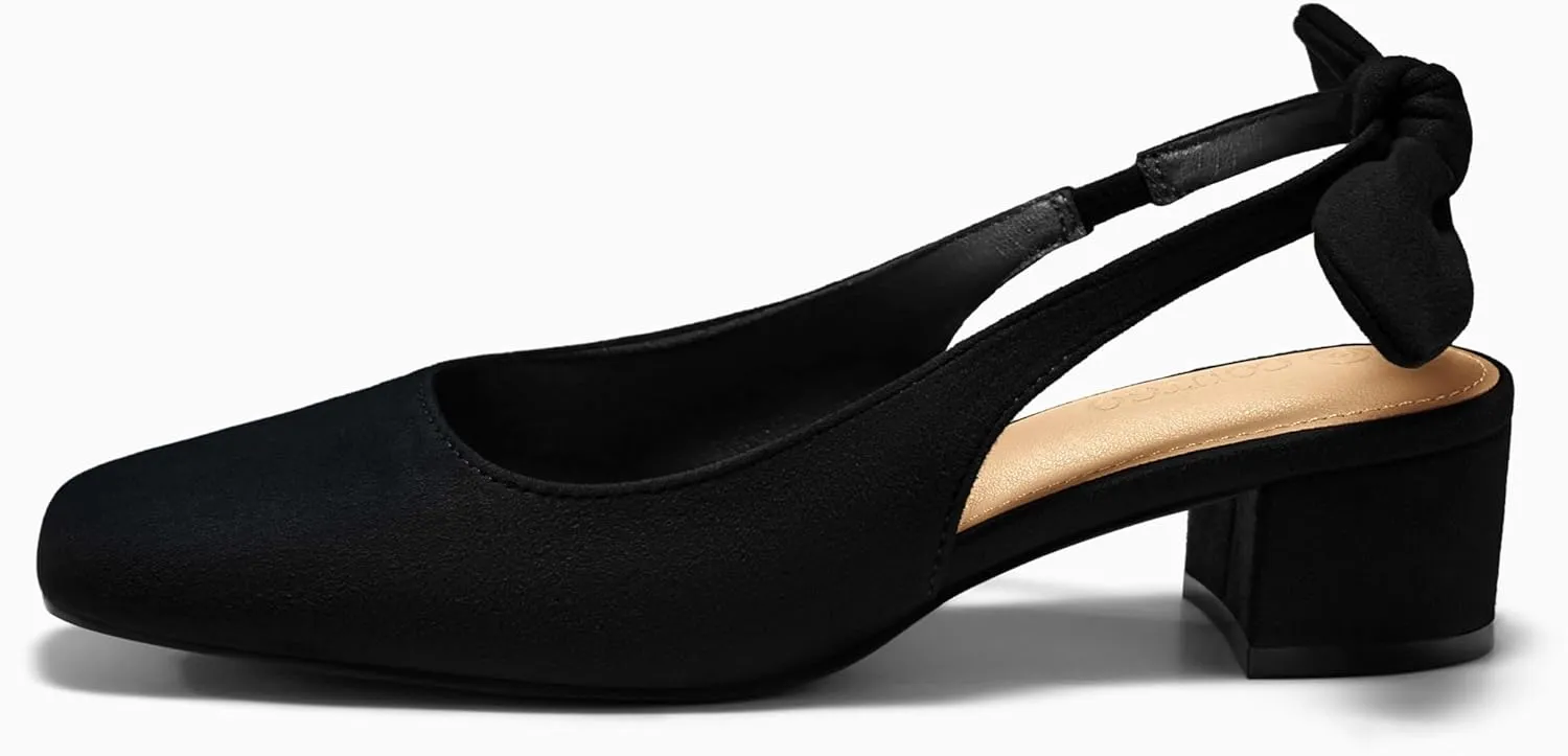 Coutgo Womens Chunky Low Heels Bow Slingback Pumps Closed Square Toe Wedding Party Dress Shoes