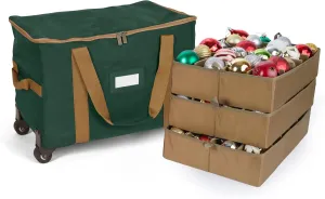 Covermates Keepsakes Rolling Adjustable Ornament Storage Bag - Carrying Handles, Padded Protection, Dual Wheels - Holiday Storage, Green