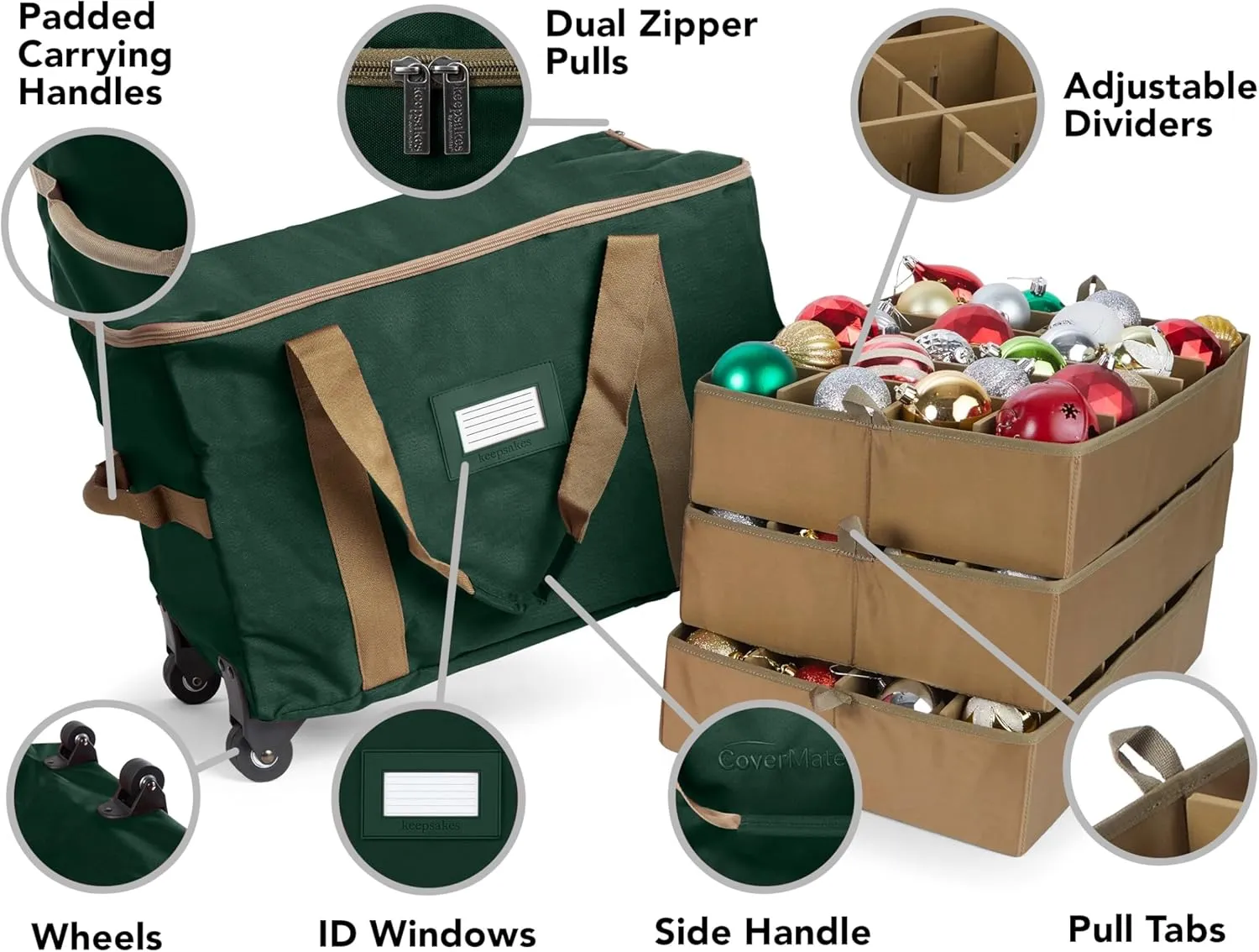 Covermates Keepsakes Rolling Adjustable Ornament Storage Bag - Carrying Handles, Padded Protection, Dual Wheels - Holiday Storage, Green